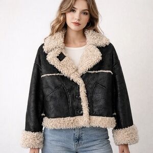 Urban Outfitters Rugged Black Faux Leather Cream Sherpa Aviator Jacket SzXS Moto